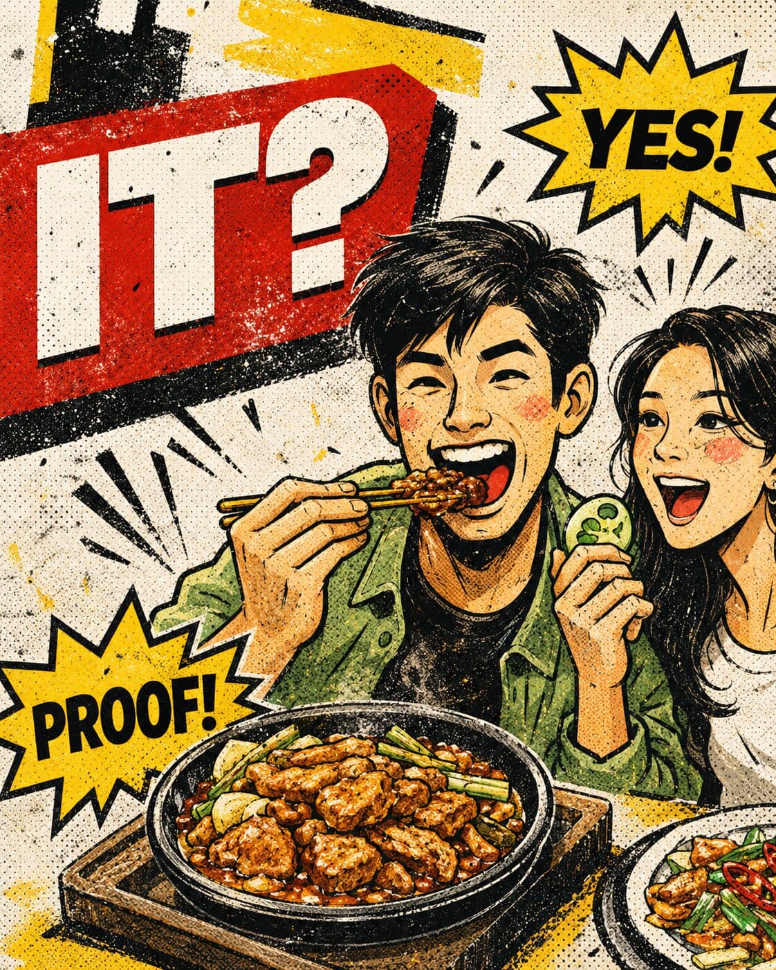 Illustrated diners enjoying a meal