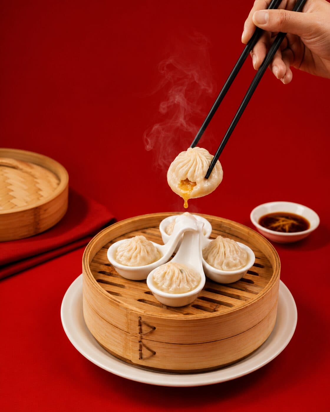 Bamboo steamer of soup dumplings with a spoon and dipping sauce