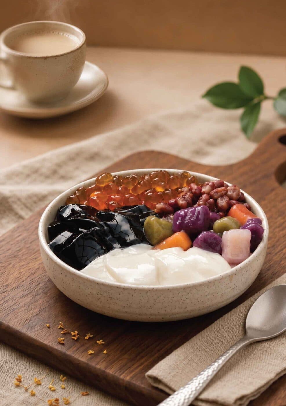 Bowl of soy pudding with taro, sweet potato and jelly toppings