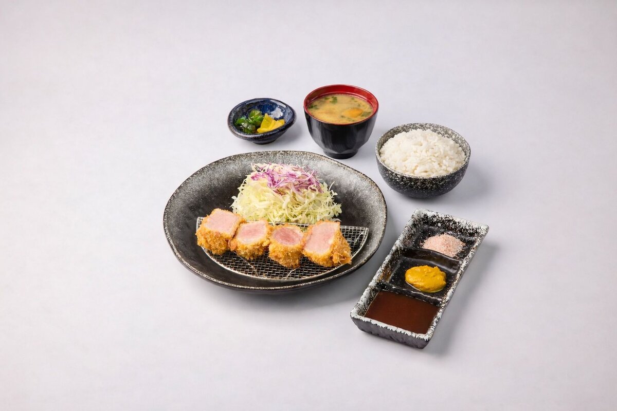 Tonkatsu Daiki Hire Katsu set — crispy pork loin cutlet with rice, miso soup, and condiments